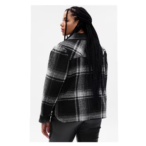 GAP XXL Tall Puff Sleeve Cropped Wool Shirt Plaid Black Gray Jacket New Tags - Picture 2 of 9